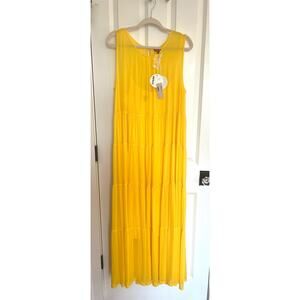 NWT STAUD Benedetta Tiered Mesh-Jersey Maxi Dress Yellow Size XL $395 Retail